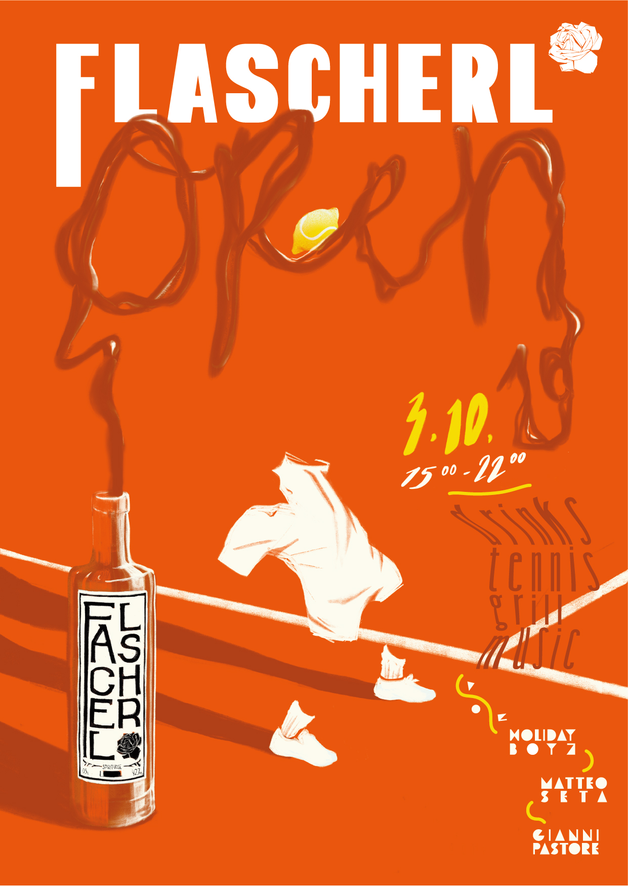 This is a poster of the flascherl open. A sports event powered by the flascherl spirit. 